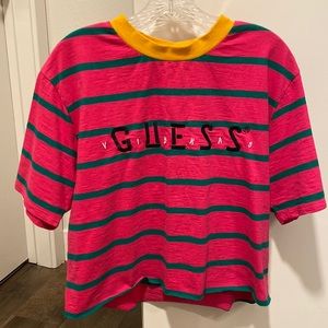 Guess Pink and Green Striped Cropped T-Shirt